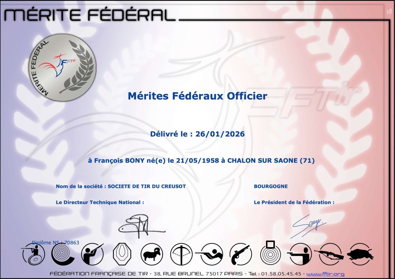 François BONY nommé Officier de l'ordre du Mérite fédéral par la Fédération Française de Tir